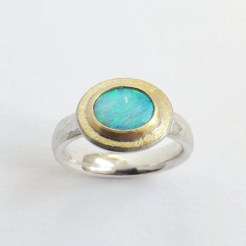 Australian opal hammered gold top ring