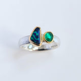 Blue green zebra stripe opal and emerald ring