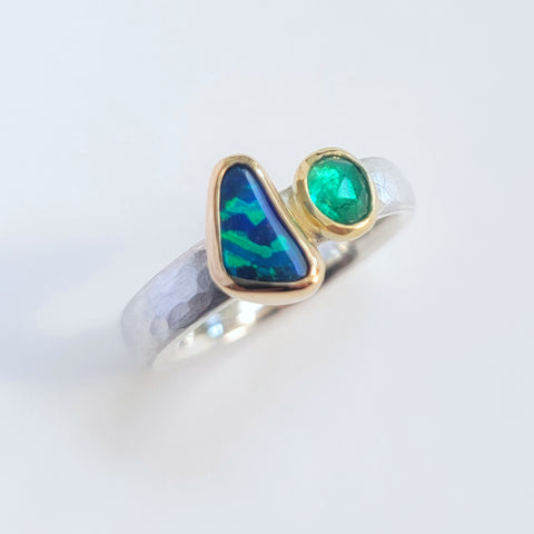 Blue green zebra stripe opal and emerald ring