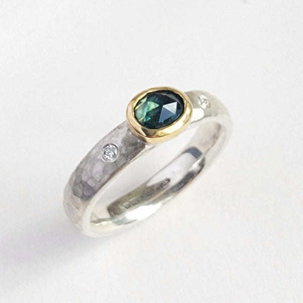 Green sapphire rosecut and diamond ring
