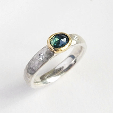 Green sapphire rosecut and diamond ring