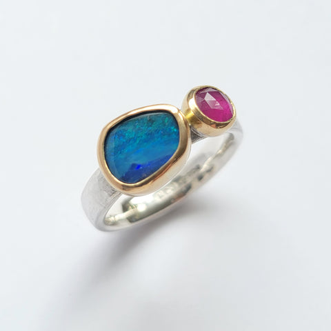 Landscape opal and ruby ring