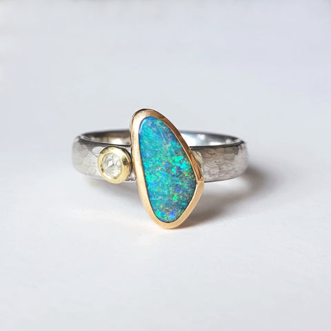 Sparkle wedge opal and diamond ring