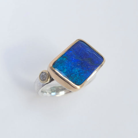 Offset rectangle opal and diamond ring