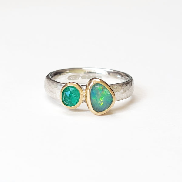 Bright opal and emerald ring