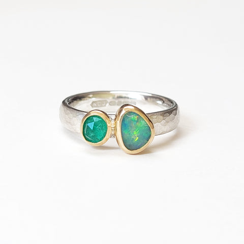 Bright opal and emerald ring