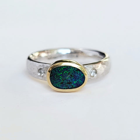 Oval glitter opal and diamond ring