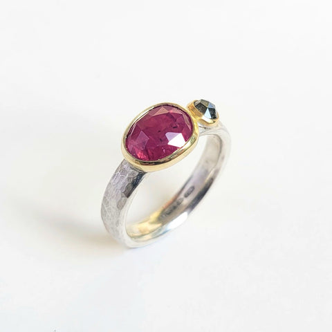 Rose cut pink sapphire and grey diamond ring