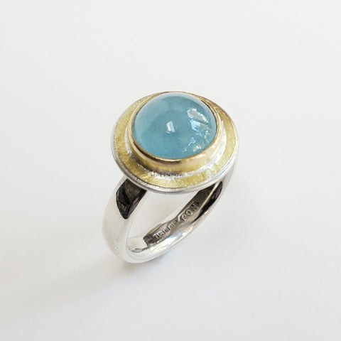 Aquamarine round hammered top ring